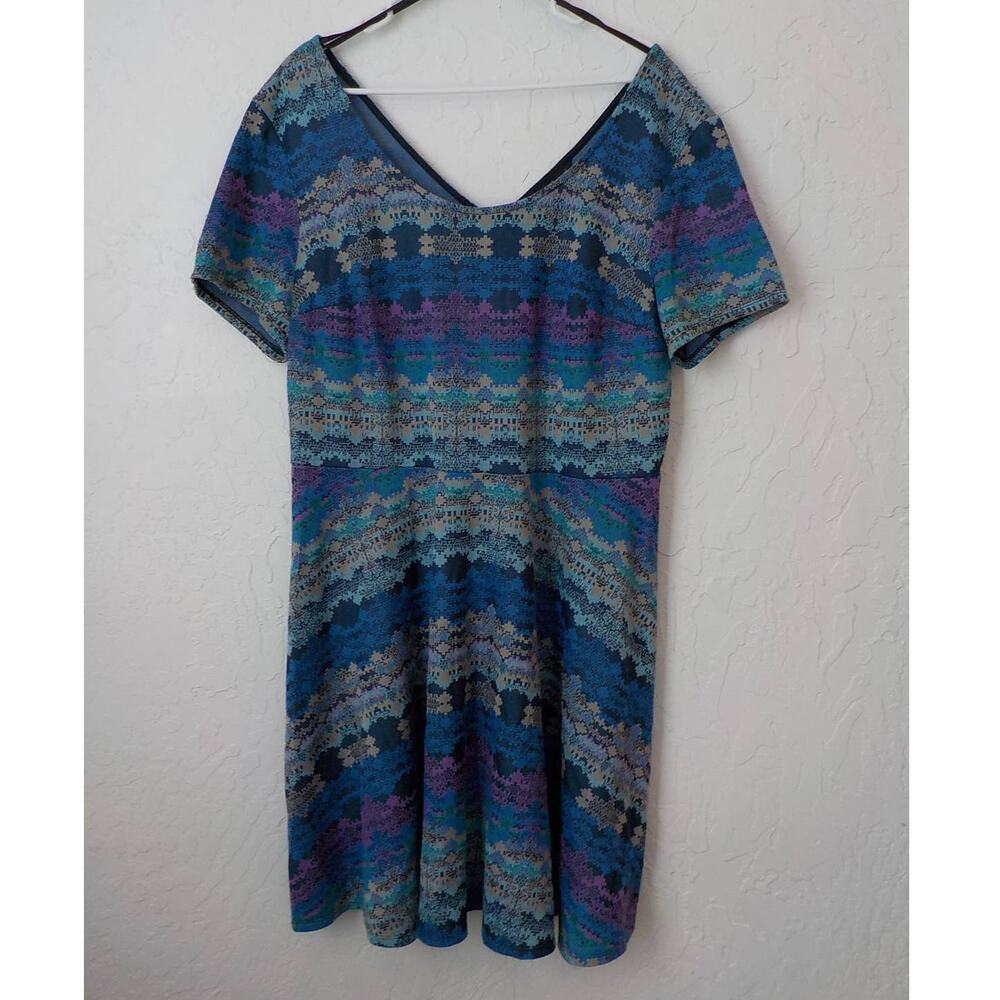 City Triangles Blue Multicolor Dress Women 18 Aztec Print Zip Up Short Sleeve